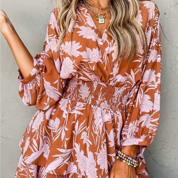 Brown Floral Puff Sleeve Smocked Waist Layered Dress Bohemian MIDI - Picture 3 of 13